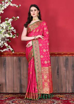 Korams Design Pink Katan Silk Weaving Zari Classic Saree With Blouse for women 2
