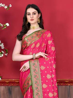 Korams Design Pink Katan Silk Weaving Zari Classic Saree With Blouse for women 3