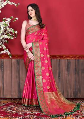 Korams Design Pink Katan Silk Weaving Zari Classic Saree With Blouse for women 4