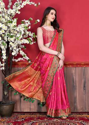 Korams Design Pink Katan Silk Weaving Zari Classic Saree With Blouse for women 5