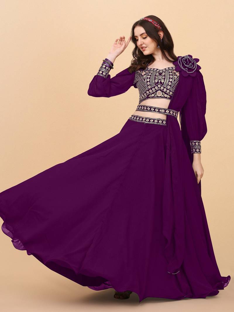  Purple Embroidered Semi Stitched Lehenga Choli 