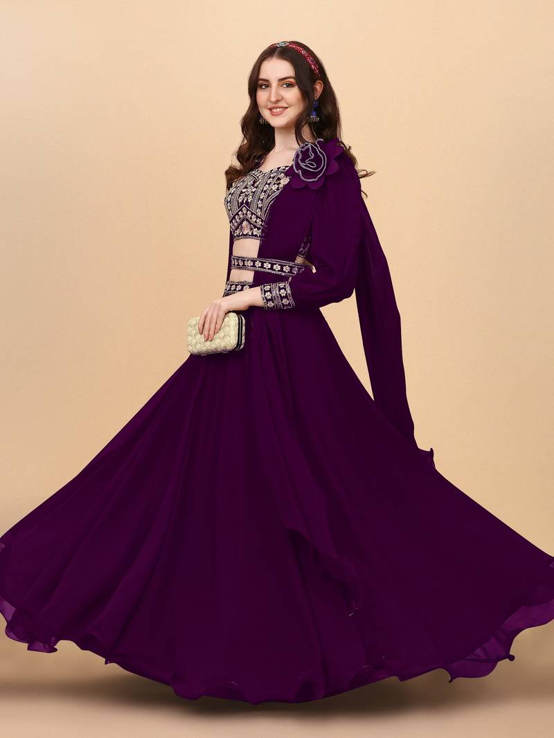  Purple Embroidered Semi Stitched Lehenga Choli 