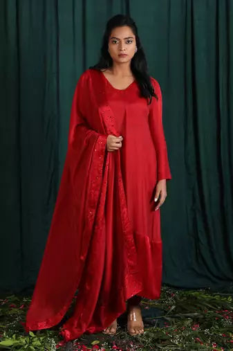 Red Taby Silk Suit Set