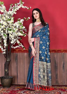 Korams Design Blue Katan Silk Weaving Zari Classic Saree With Blouse for women 1