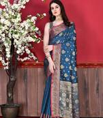 Korams Design Blue Katan Silk Weaving Zari Classic Saree With Blouse for women