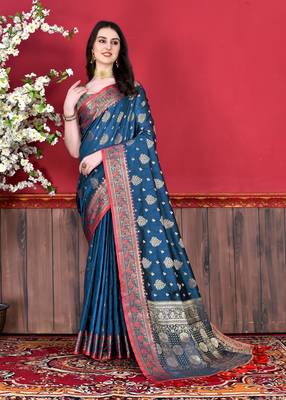 Korams Design Blue Katan Silk Weaving Zari Classic Saree With Blouse for women 2