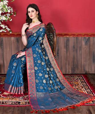 Korams Design Blue Katan Silk Weaving Zari Classic Saree With Blouse for women 3
