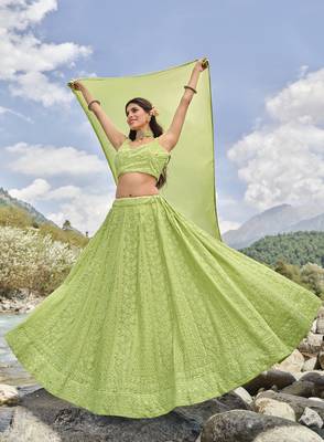 LIGHT GREEN SEQUINS & THREAD EMBROIDERED GEORGETTE FESTIVE BRIDAL WEDDING & PARTY WEAR SEMI STITCHED LEHENGA 1