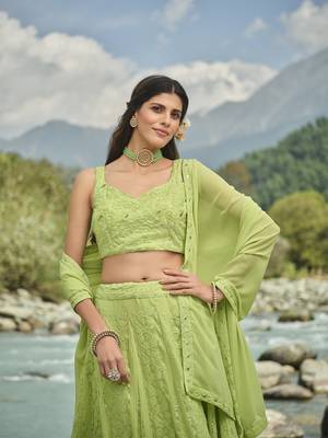 LIGHT GREEN SEQUINS & THREAD EMBROIDERED GEORGETTE FESTIVE BRIDAL WEDDING & PARTY WEAR SEMI STITCHED LEHENGA 3