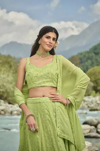 LIGHT GREEN SEQUINS & THREAD EMBROIDERED GEORGETTE FESTIVE BRIDAL WEDDING & PARTY WEAR SEMI STITCHED LEHENGA