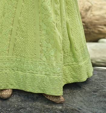 LIGHT GREEN SEQUINS & THREAD EMBROIDERED GEORGETTE FESTIVE BRIDAL WEDDING & PARTY WEAR SEMI STITCHED LEHENGA 5