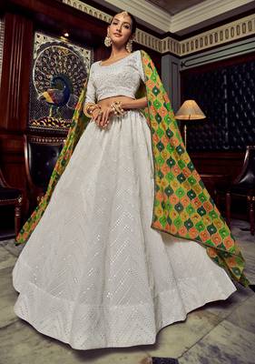 WHITE SEQUINS & GOTA EMBROIDERED GEORGETTE FESTIVE BRIDAL WEDDING & PARTY WEAR SEMI STITCHED LEHENGA 1