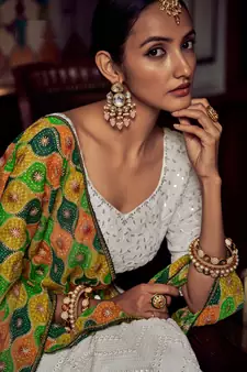 WHITE SEQUINS & GOTA EMBROIDERED GEORGETTE FESTIVE BRIDAL WEDDING & PARTY WEAR SEMI STITCHED LEHENGA