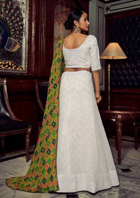 WHITE SEQUINS & GOTA EMBROIDERED GEORGETTE FESTIVE BRIDAL WEDDING & PARTY WEAR SEMI STITCHED LEHENGA 3