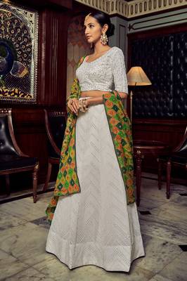 WHITE SEQUINS & GOTA EMBROIDERED GEORGETTE FESTIVE BRIDAL WEDDING & PARTY WEAR SEMI STITCHED LEHENGA 4