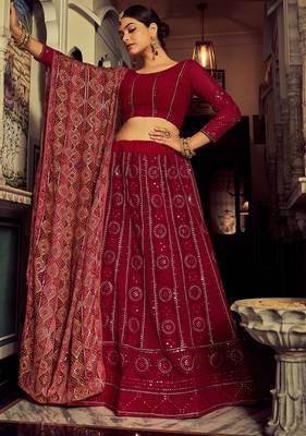 RANI PINK SEQUINS & THREAD EMBROIDERED GEORGETTE FESTIVE BRIDAL WEDDING & PARTY WEAR SEMI STITCHED LEHENGA 1