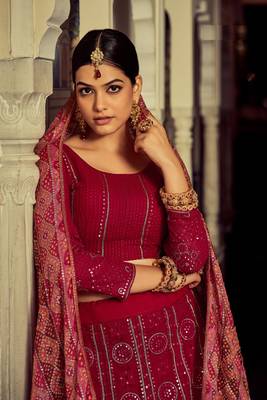RANI PINK SEQUINS & THREAD EMBROIDERED GEORGETTE FESTIVE BRIDAL WEDDING & PARTY WEAR SEMI STITCHED LEHENGA 2