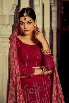 RANI PINK SEQUINS & THREAD EMBROIDERED GEORGETTE FESTIVE BRIDAL WEDDING & PARTY WEAR SEMI STITCHED LEHENGA