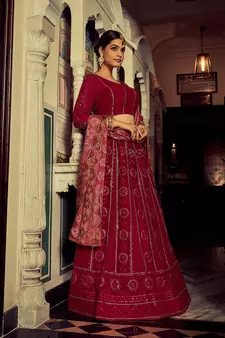 RANI PINK SEQUINS & THREAD EMBROIDERED GEORGETTE FESTIVE BRIDAL WEDDING & PARTY WEAR SEMI STITCHED LEHENGA