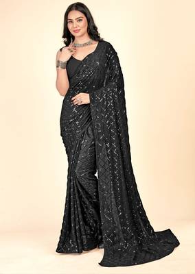 Sequins Checks Pattern Embroidery Work With Georgette Party Wear Saree 1