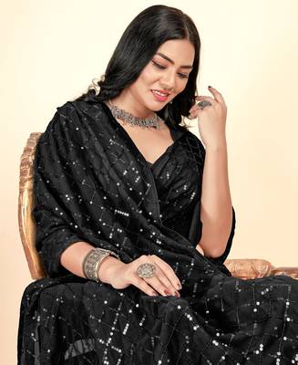 Sequins Checks Pattern Embroidery Work With Georgette Party Wear Saree 2