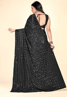 Sequins Checks Pattern Embroidery Work With Georgette Party Wear Saree 3