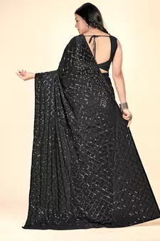 Sequins Checks Pattern Embroidery Work With Georgette Party Wear Saree