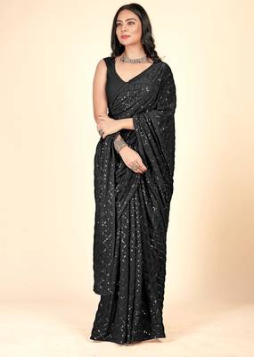 Sequins Checks Pattern Embroidery Work With Georgette Party Wear Saree 4