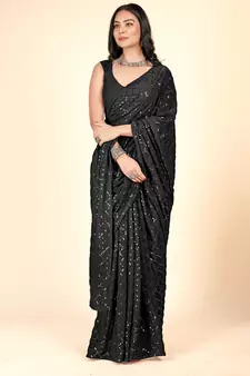 Sequins Checks Pattern Embroidery Work With Georgette Party Wear Saree