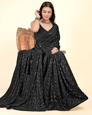 Sequins Checks Pattern Embroidery Work With Georgette Party Wear Saree 5