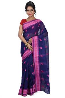 Aishani Collection Embroidered Pure Cotton Tant Women'S Saree Without Bp (Navy Blue, Pink) Without Blouse