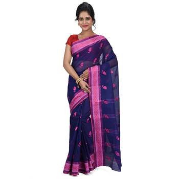 Aishani Collection Embroidered Pure Cotton Tant Women'S Saree Without Bp (Navy Blue, Pink) Without Blouse 1