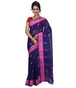 Aishani Collection Embroidered Pure Cotton Tant Women'S Saree Without Bp (Navy Blue, Pink) Without Blouse