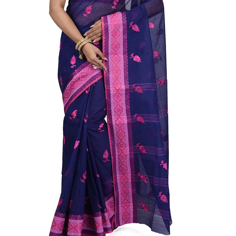 Aishani Collection Embroidered Pure Cotton Tant Women'S Saree Without Bp (Navy Blue, Pink) Without Blouse