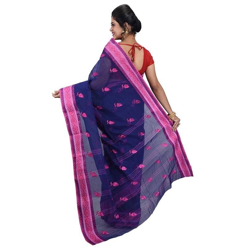 Aishani Collection Embroidered Pure Cotton Tant Women'S Saree Without Bp (Navy Blue, Pink) Without Blouse