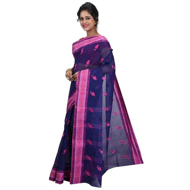 Aishani Collection Embroidered Pure Cotton Tant Women'S Saree Without Bp (Navy Blue, Pink) Without Blouse