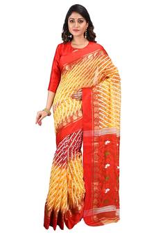 Aishani Collection Woven Cotton Silk Dhakai Jamdani Women'S Handloom Saree Without Bp (Yellow, Red) Without Blouse
