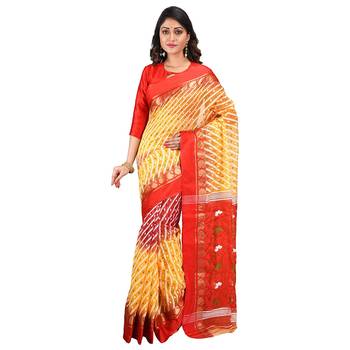Aishani Collection Woven Cotton Silk Dhakai Jamdani Women'S Handloom Saree Without Bp (Yellow, Red) Without Blouse 1