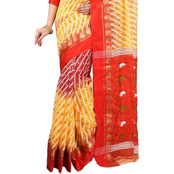 Aishani Collection Woven Cotton Silk Dhakai Jamdani Women'S Handloom Saree Without Bp (Yellow, Red) Without Blouse 2