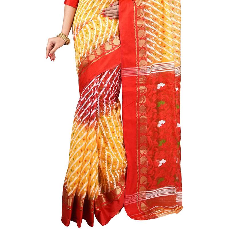 Aishani Collection Woven Cotton Silk Dhakai Jamdani Women'S Handloom Saree Without Bp (Yellow, Red) Without Blouse