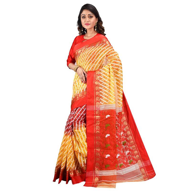 Aishani Collection Woven Cotton Silk Dhakai Jamdani Women'S Handloom Saree Without Bp (Yellow, Red) Without Blouse