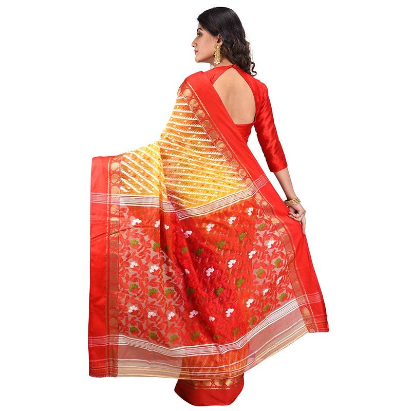 Aishani Collection Woven Cotton Silk Dhakai Jamdani Women'S Handloom Saree Without Bp (Yellow, Red) Without Blouse