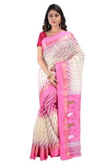 Aishani Collection Women'S Cotton Silk Dhakai Jamdani Saree Without Bp - Pink White Without Blouse