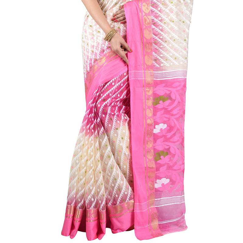 Aishani Collection Women'S Cotton Silk Dhakai Jamdani Saree Without Bp - Pink White Without Blouse