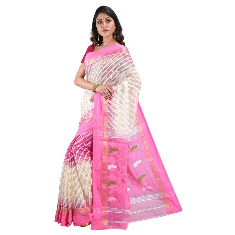 Aishani Collection Women'S Cotton Silk Dhakai Jamdani Saree Without Bp - Pink White Without Blouse