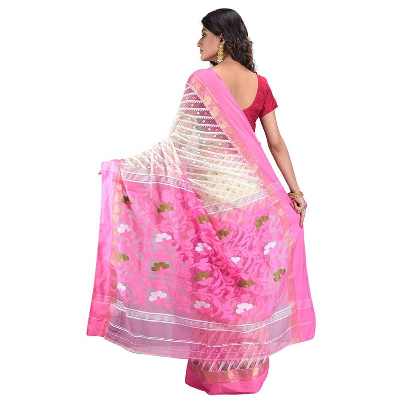 Aishani Collection Women'S Cotton Silk Dhakai Jamdani Saree Without Bp - Pink White Without Blouse