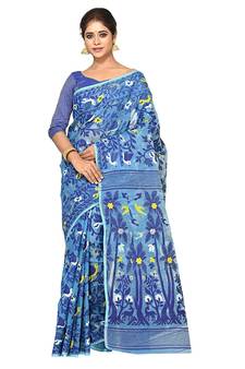 Aishani Collection Woven Cotton Silk Dhakai Jamdani Handloom Women'S Saree Without Bp (Polished) (Blue) Without Blouse