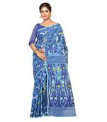 Aishani Collection Woven Cotton Silk Dhakai Jamdani Handloom Women'S Saree Without Bp (Polished) (Blue) Without Blouse