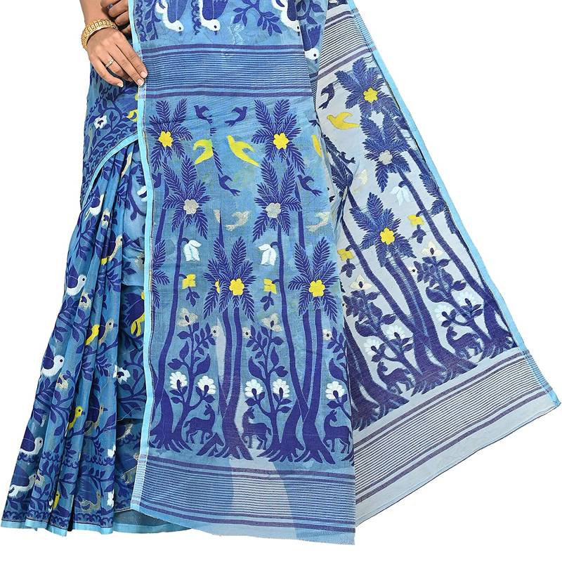 Aishani Collection Woven Cotton Silk Dhakai Jamdani Handloom Women'S Saree Without Bp (Polished) (Blue) Without Blouse