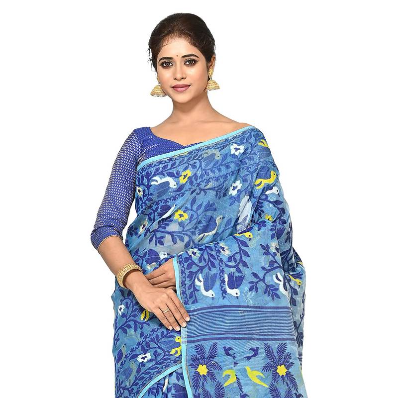Aishani Collection Woven Cotton Silk Dhakai Jamdani Handloom Women'S Saree Without Bp (Polished) (Blue) Without Blouse